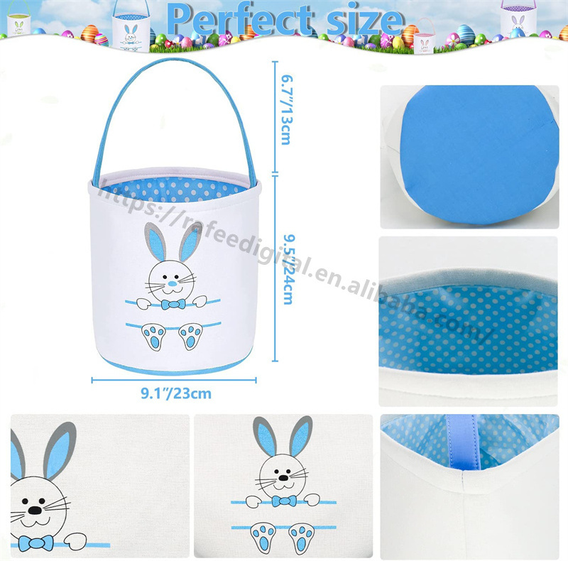 Wholesale 2023 DIY Personalized Girls Kids Gift Blank Sublimation Tote Canvas Linen Bag Easter Egg Bunny Ear Baskets with Handle