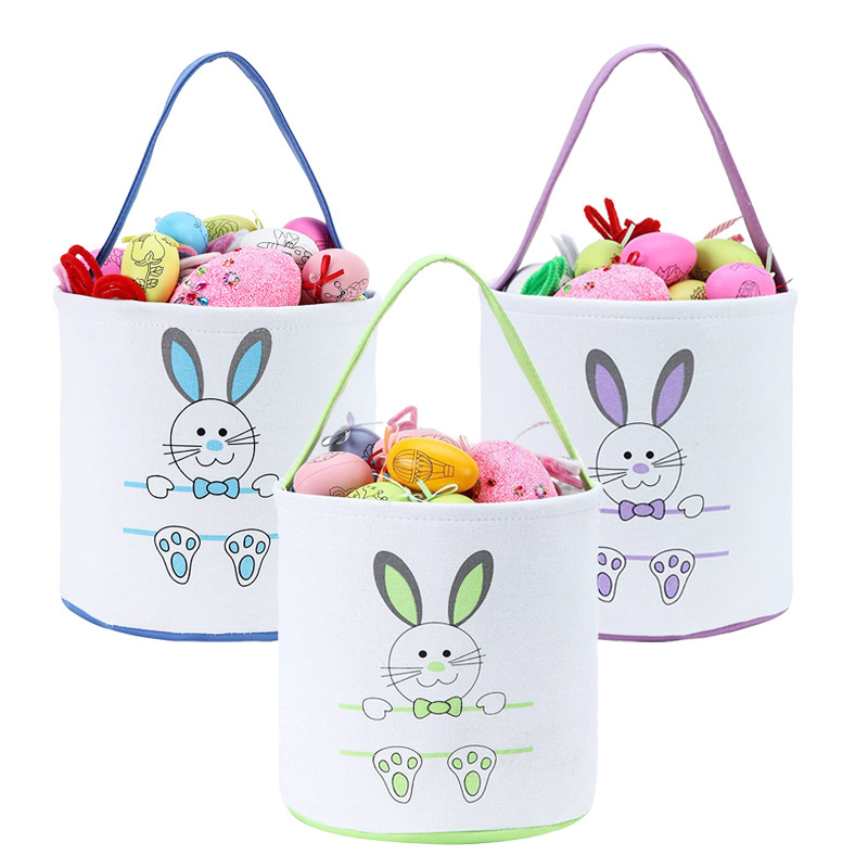 Wholesale 2023 DIY Personalized Girls Kids Gift Blank Sublimation Tote Canvas Linen Bag Easter Egg Bunny Ear Baskets with Handle