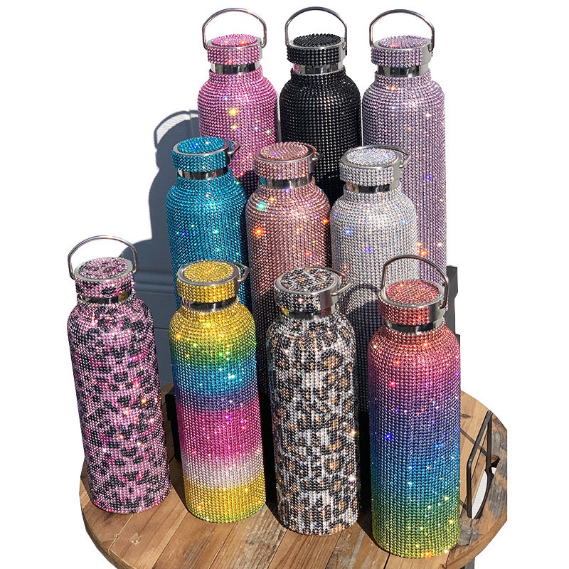 Designer Luxury Rainbow Black Sparkling Bling Diamond Color Rhinestone Crystal Drink Stainless Steel Water Bottles With Chain