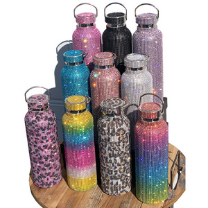 Designer Luxury Rainbow Black Sparkling Bling Diamond Color Rhinestone Crystal Drink Stainless Steel Water Bottles With Chain