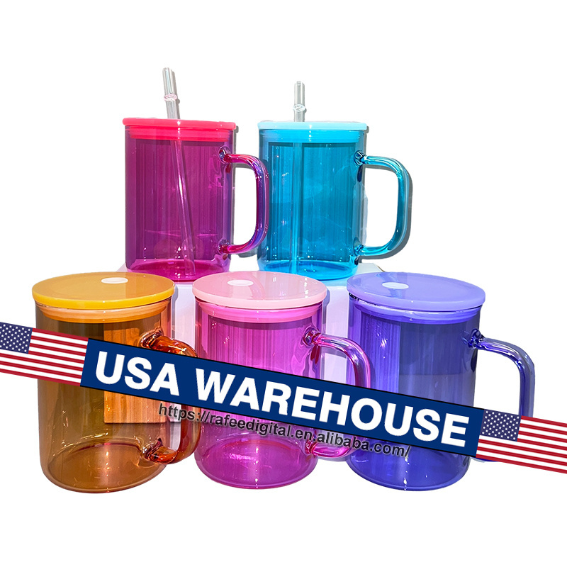 Wholesale Bulk 17oz 17 oz Colored Jelly Candy Colorful Clear Blank Sublimation Glass Coffee Mug with Handle and PP Plastic Lid