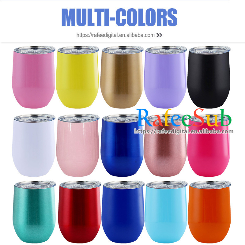 Custom Printing Logo 12oz 12 oz Glossy Insulated Thermal Egg Shape Stainless Steel Stemless Wine Tumbler Cup with Lid and Straw