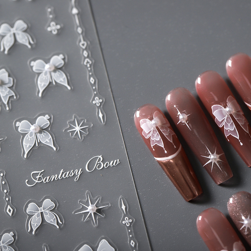 Foretrend White Black Pink Bowknot Butterfly Nail Art Sticker with pearl Star Moon 5D Soft Embossed Relief Nail Decals