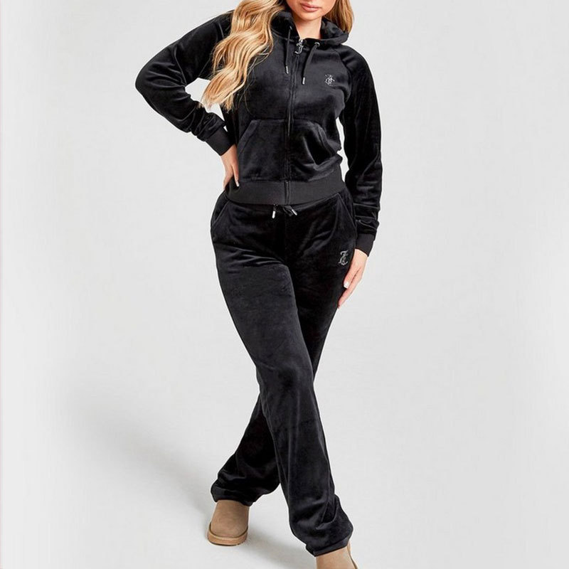 Good Quality Thick Cotton Winter Rhinestones Fleece Tracksuits Youth Nylon Street Wear Female Velvet Custom Velour Tracksuit