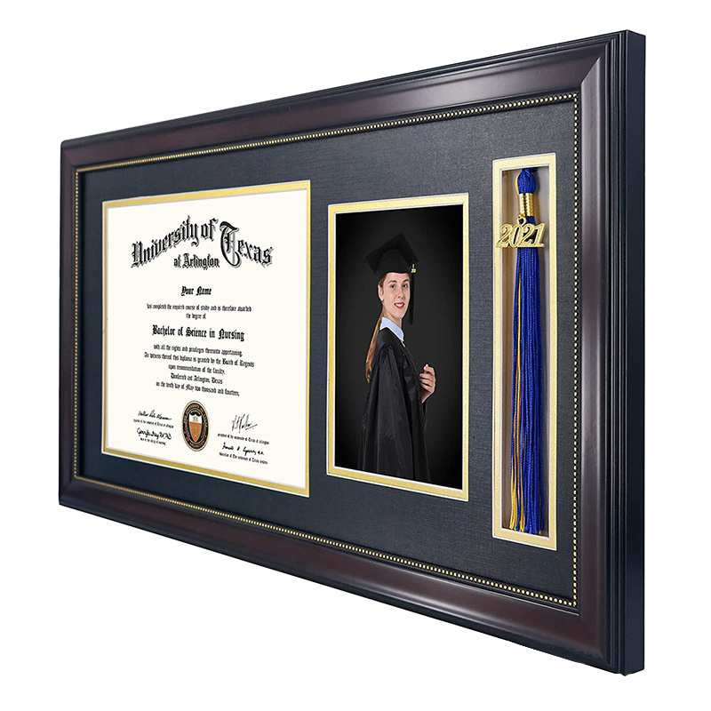 Wooden Diploma Frame with Tassel Holder and Photo Frame for Certificates and Photos Black Gold Mat