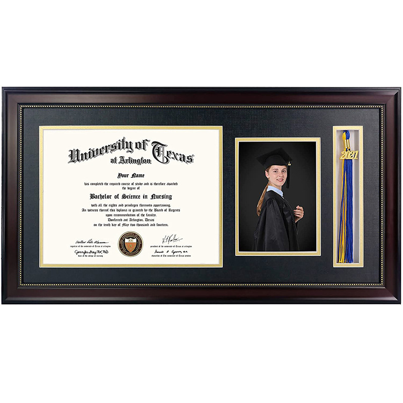 Wooden Diploma Frame with Tassel Holder and Photo Frame for Certificates and Photos Black Gold Mat