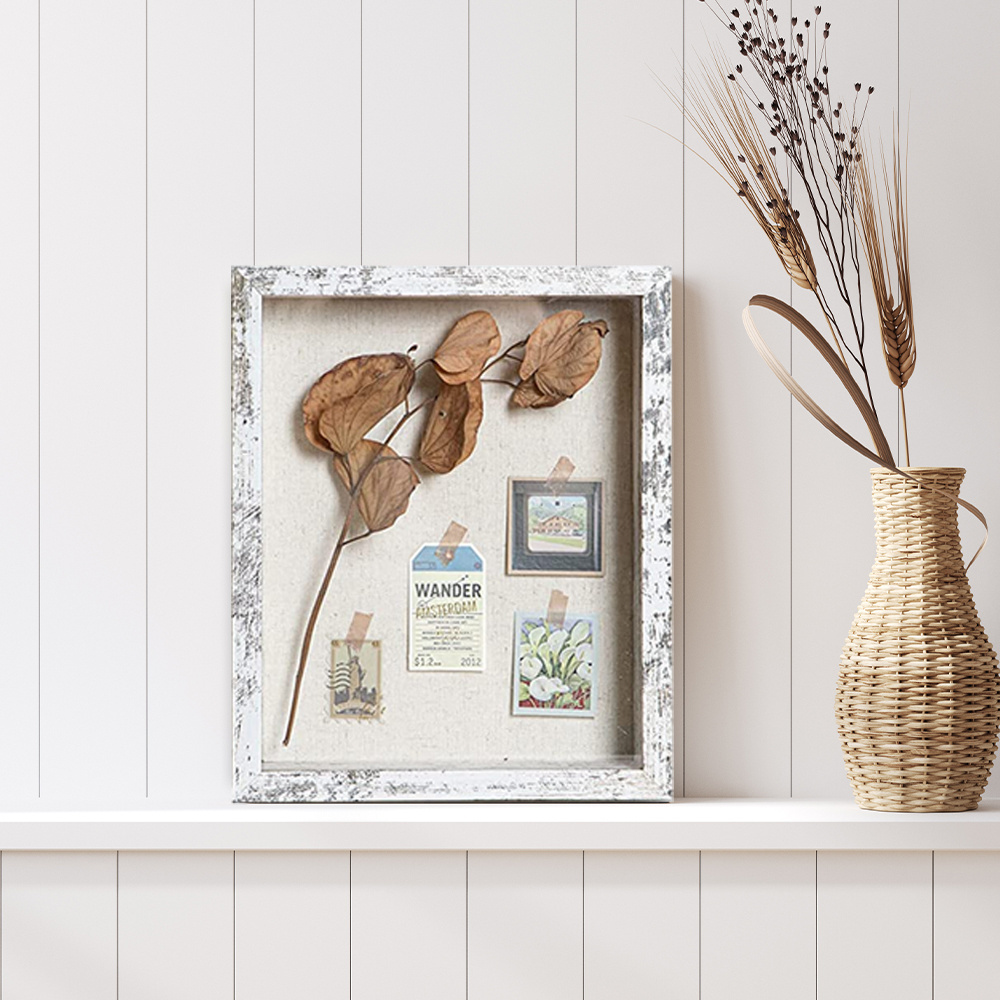 8x10 Shadow Box Frame with Linen Back Distressed White Rustic Picture Frame With Dried Flower