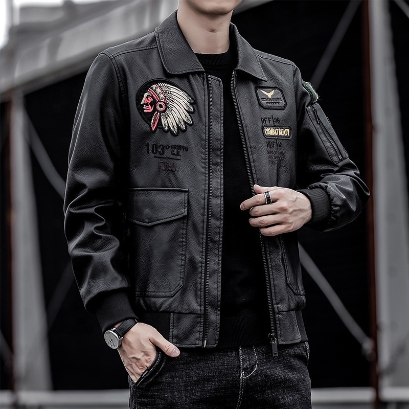 Raidyboer Winter Fleece Leather Jacket with Front Pocket and Patch Embroidery Logo at Back