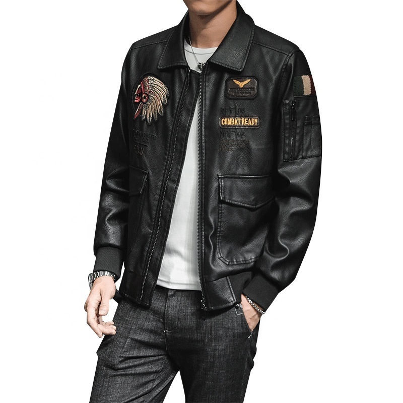 Raidyboer Winter Fleece Leather Jacket with Front Pocket and Patch Embroidery Logo at Back