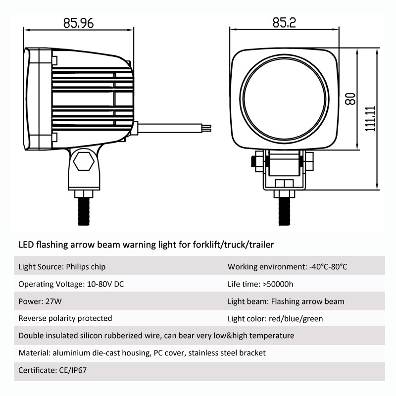 27W 10-110v blue or red or green led forklift mobile flashing arrow light pedestrian warning light