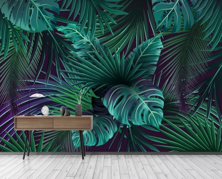 Southeast Asia style tropical rainforest wall murals green leaf plant forest wallpaper