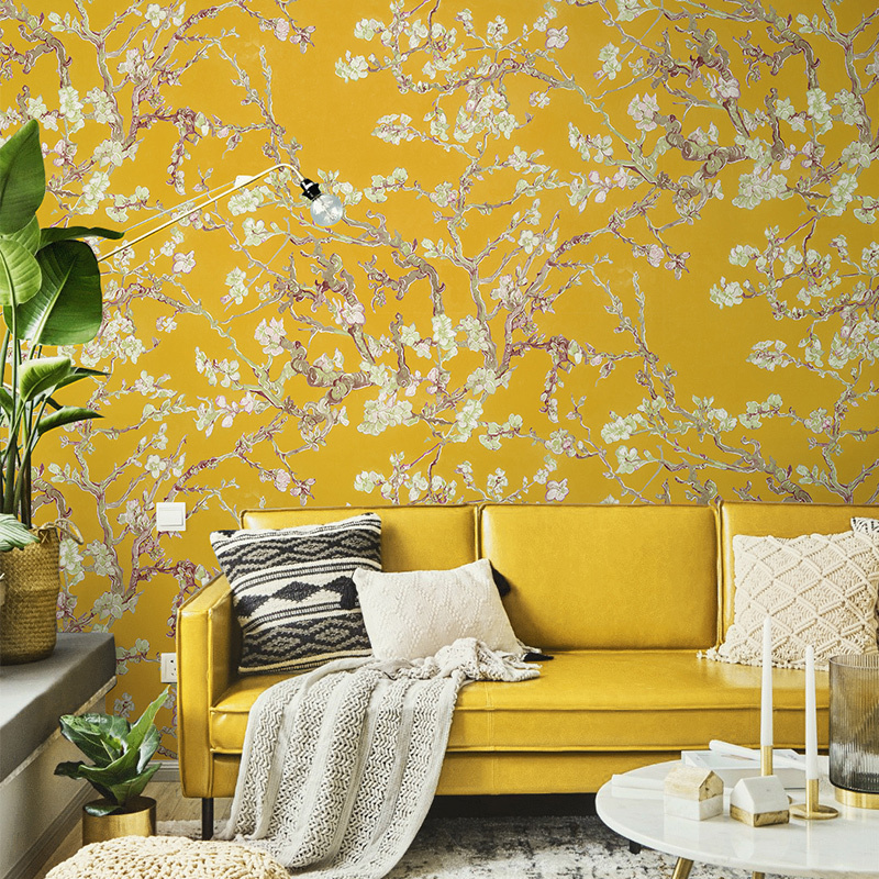 Yellow China Mural 3d Flower Vintage Paper Chinoiserie Wallpaper