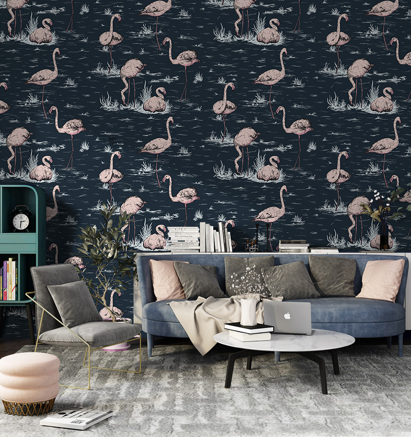 American blue flamingo wallpaper bedroom living room TV background non woven wallpaper