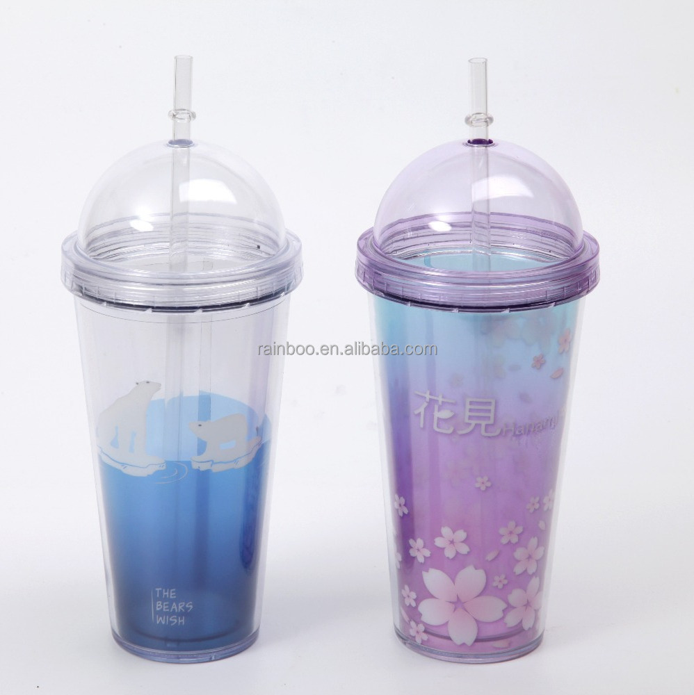 Logo printed 16oz plastic double wall dome lid plastic tumbler with straw