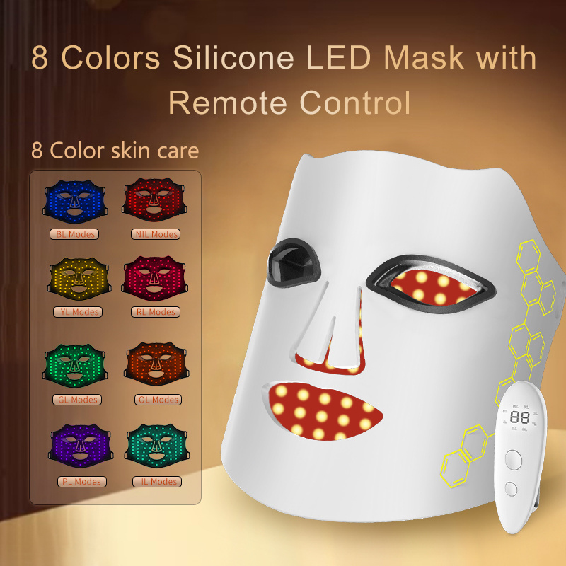 2024 New Portable Wireless 8 Colors Red Infrared LED Photon Light Therapy Face Mask Home Use Beauty NIR Silicone LED Facial Mask