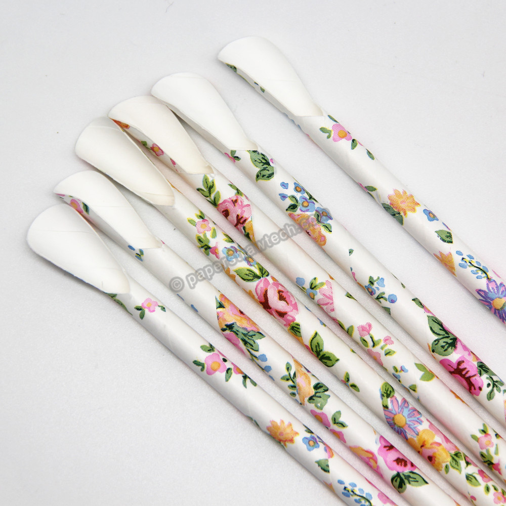 Floral Printed Pattern  Paper Spoon Straws Food Grade Straws with Spoon, Free Shipping, Free Sample Available