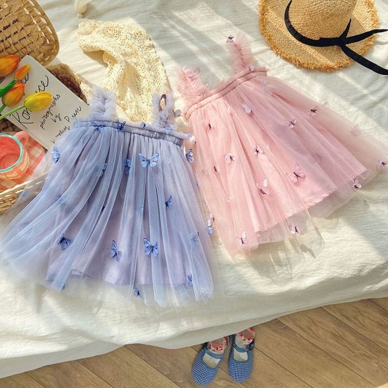 Kids Butterfly Tutu Dress for Little Girls Summer Casual Sleeveless Ruffle Strap Toddler Girls' Casual Frocks