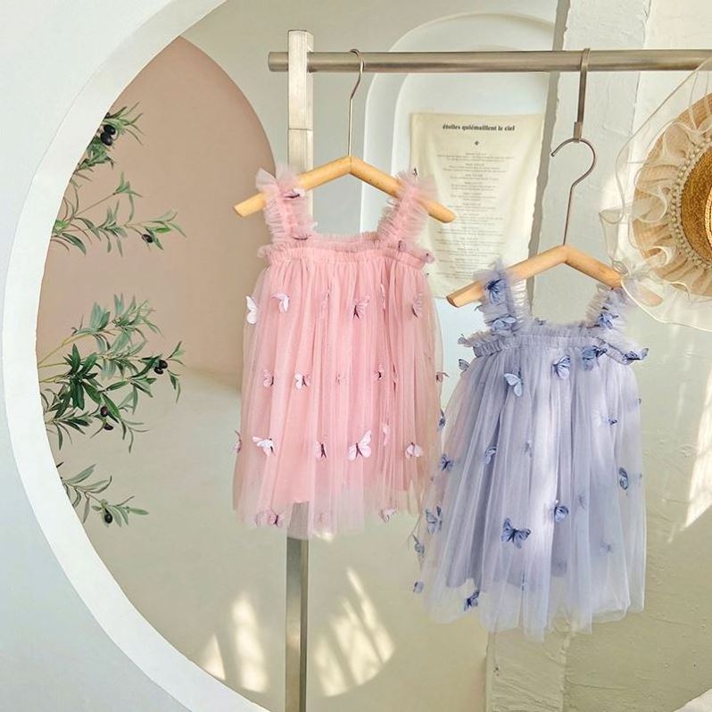 Kids Butterfly Tutu Dress for Little Girls Summer Casual Sleeveless Ruffle Strap Toddler Girls' Casual Frocks