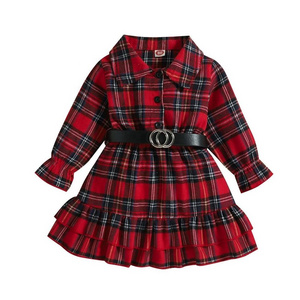 dress party fashion plaid new year long sleeve lapel button ruffle trim bottom elegant casual dresses kids dresses for girls