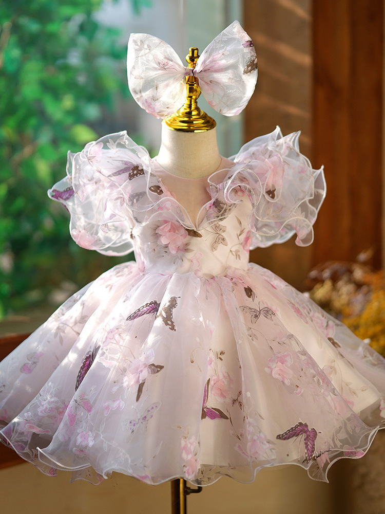 Girls' Dress Little Girl Purple Flower Fairy Princess Dress Children Host Piano Performance Costume With Hairband For kids