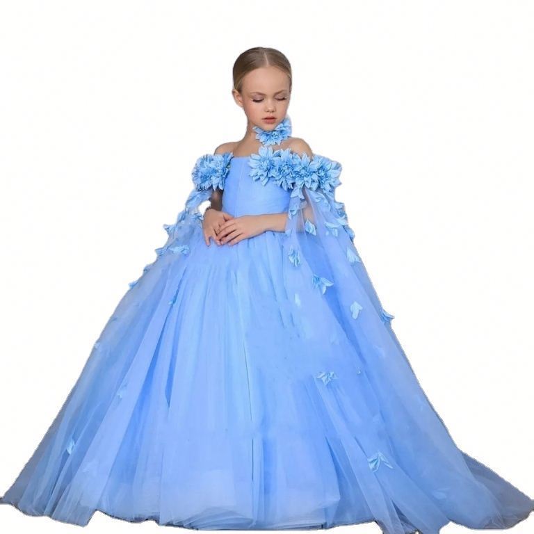 New Arrival Appliques Plain Children Dresses Long Sleeve Lace Flower Flower Girls' Dresses Party For Girl