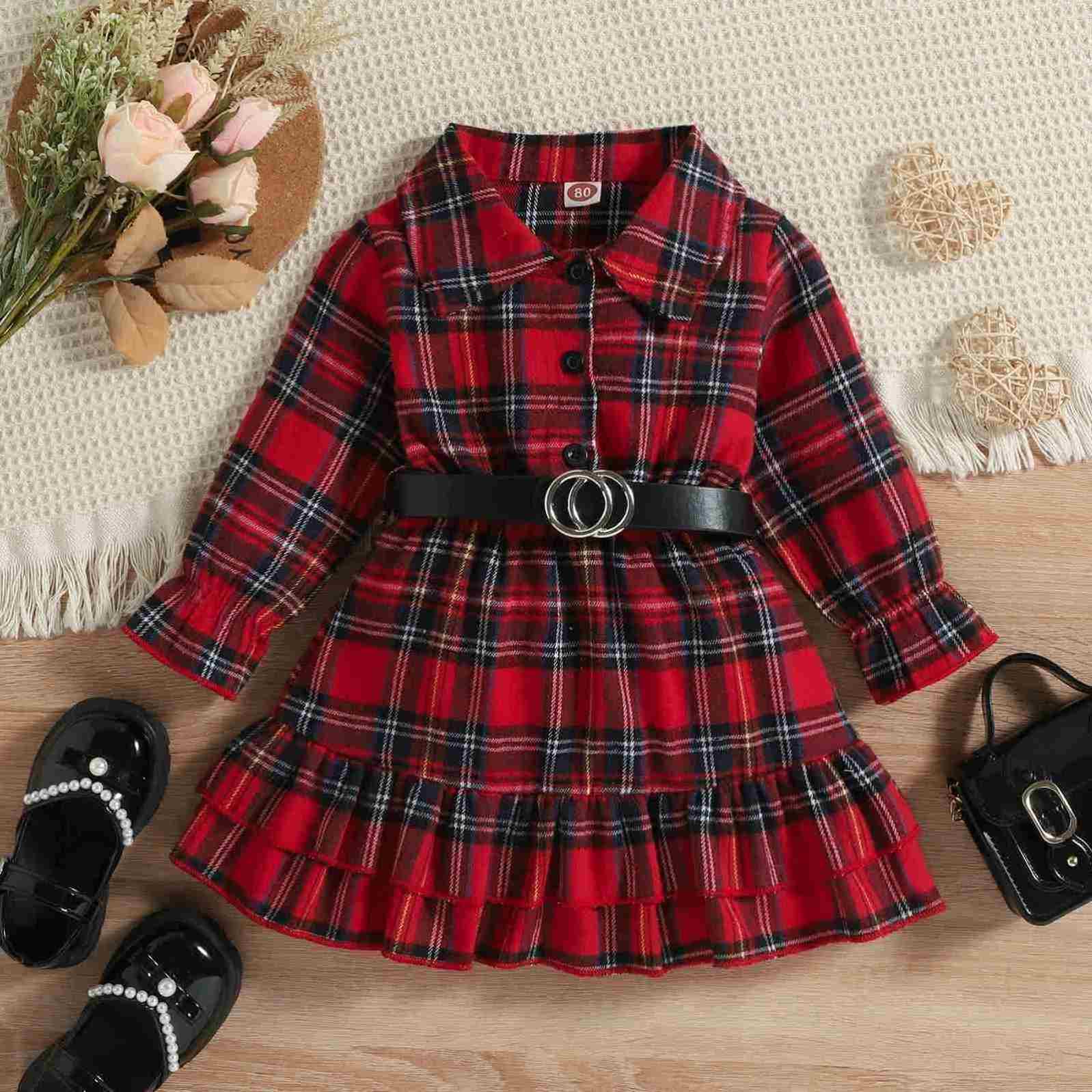 dress party fashion plaid new year long sleeve lapel button ruffle trim bottom elegant casual dresses kids dresses for girls