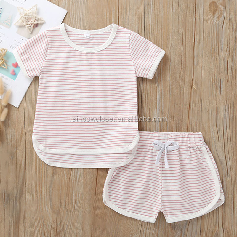 Toddle girls short sleeve pajamas sets kids summer striped cotton sleepwear children 2 piece set