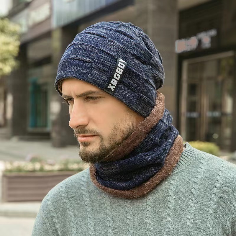 Winter Beanie Hats Scarf Set Warm Knit Hat Skull Neck Warmer with Thick Fleece Lined Winter Hat and Scarf for Men Women