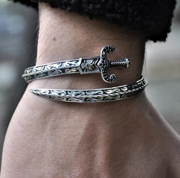 Rainbowking Adjustable Men Sword Bracelet Male Bracelet 925 Sterling Silver Unique Heavy Silver Zircon Stone Jewelry Punk Bangle