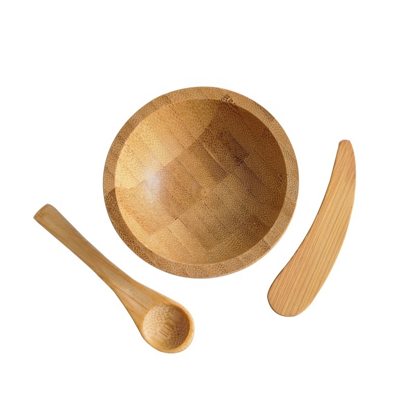 handmade eco friendly DIY cosmetic masking mixing tools mini wooden bamboo bowl set with bamboo spatula, spoon