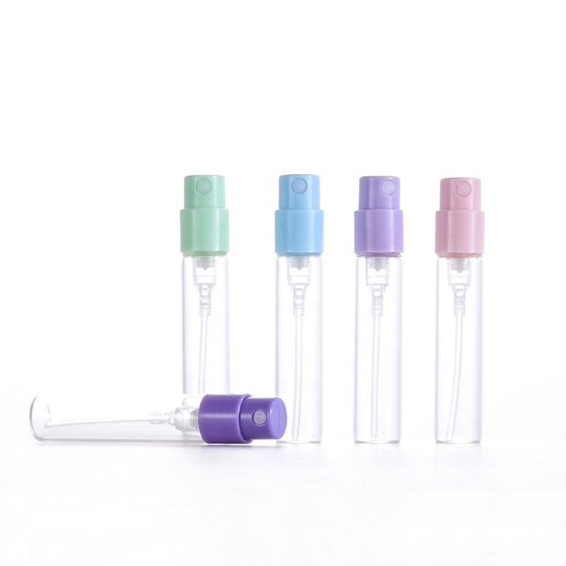 portable colorful pink yellow green purple blue head 1ml 1.5ml 1.8ml 2.5ml empty sample glass mini spray bottles for perfume