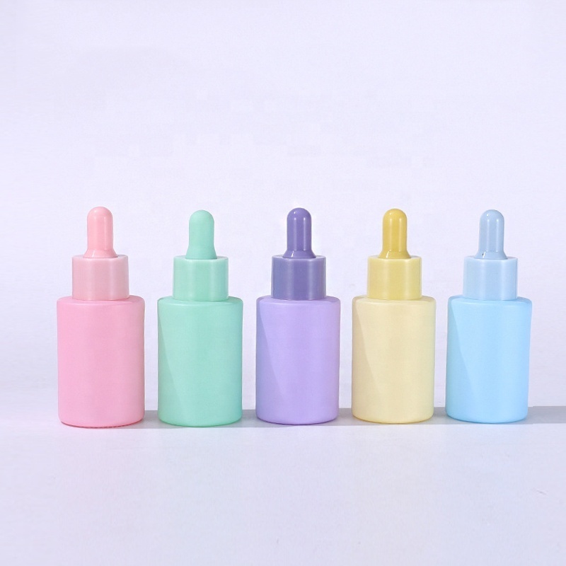 rainbow macaroon purple pink green blue color personal care essential oil bottle empty 1oz 30ml glass serum dropper bottle