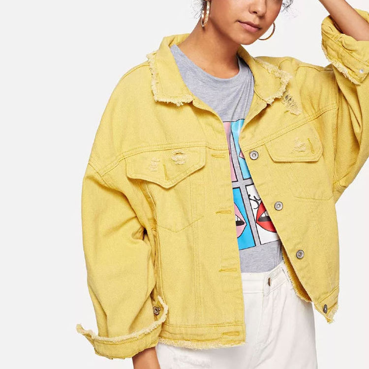 Wholesale Women Solid Ripped Yellow Denim Jacket In bulk