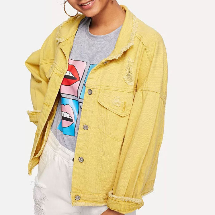 Wholesale Women Solid Ripped Yellow Denim Jacket In bulk