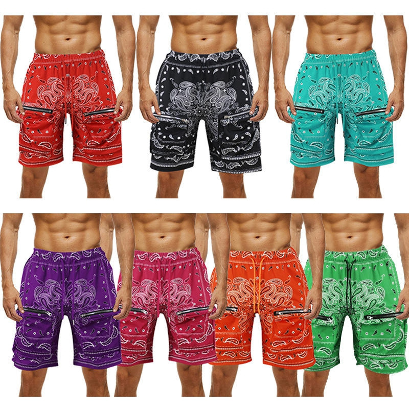 Custom Streetwear Zipper Pocket Paisley Bandana Cargo Shorts Men