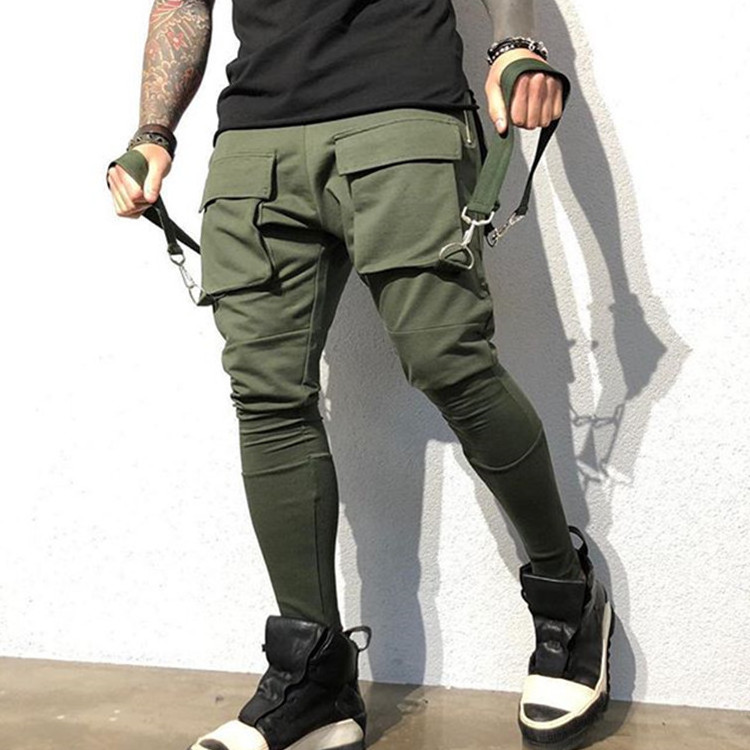 Side Zipper Pockets Ribbons Taped Men Harem Cargo Jogger Pants