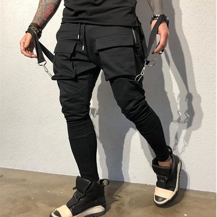 Side Zipper Pockets Ribbons Taped Men Harem Cargo Jogger Pants