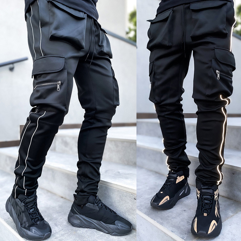 Streetwear Leisure Wholesale Reflective Stripe 6 Multi Pocket Stacked Cargo Track Pants Men