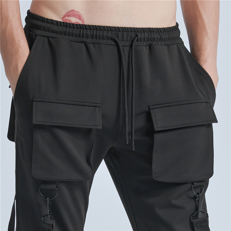 Side Zipper Pockets Ribbons Taped Men Harem Cargo Jogger Pants