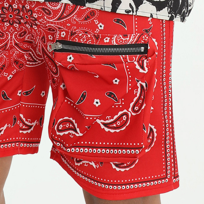 Custom Streetwear Zipper Pocket Paisley Bandana Cargo Shorts Men