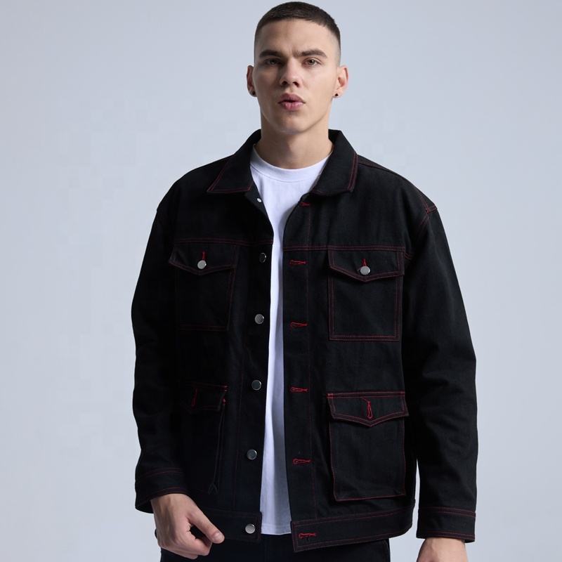 Clothing Suppliers  Custom Red Line More Pockets Denim Jacket Men