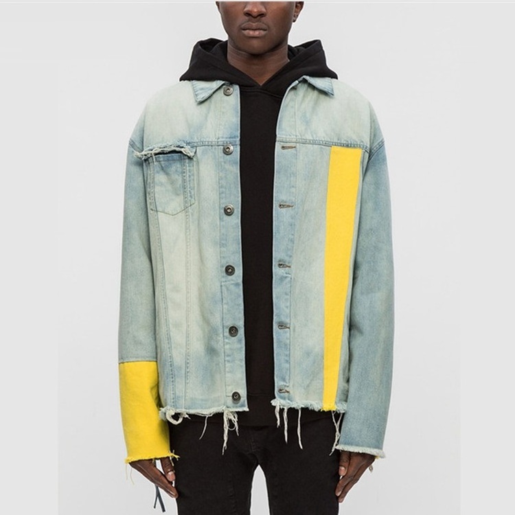 Custom Men Vintage Yellow Sleeve Slight Distressed Denim Jacket Men