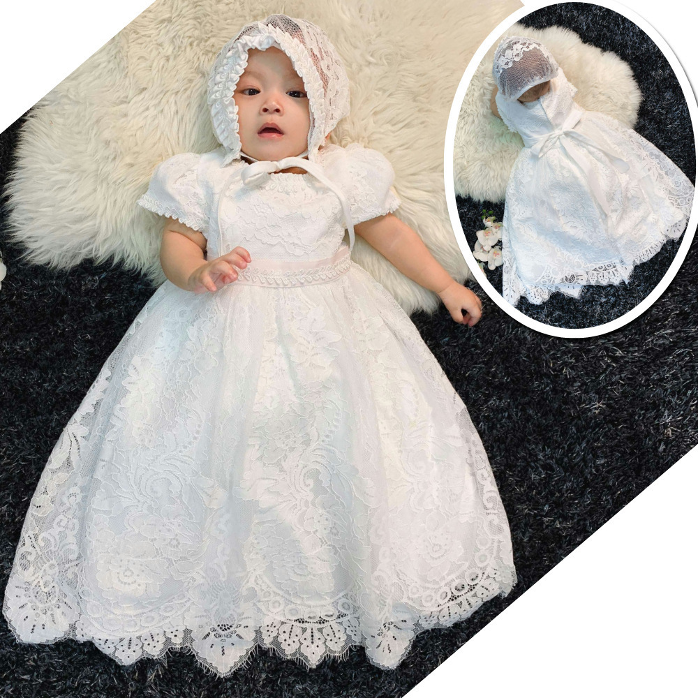 New design wholesale boutique short sleeve christening infant kids lace princess birthday party little 9 months baby girl dress