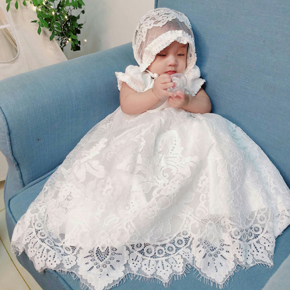 New design wholesale boutique short sleeve christening infant kids lace princess birthday party little 9 months baby girl dress