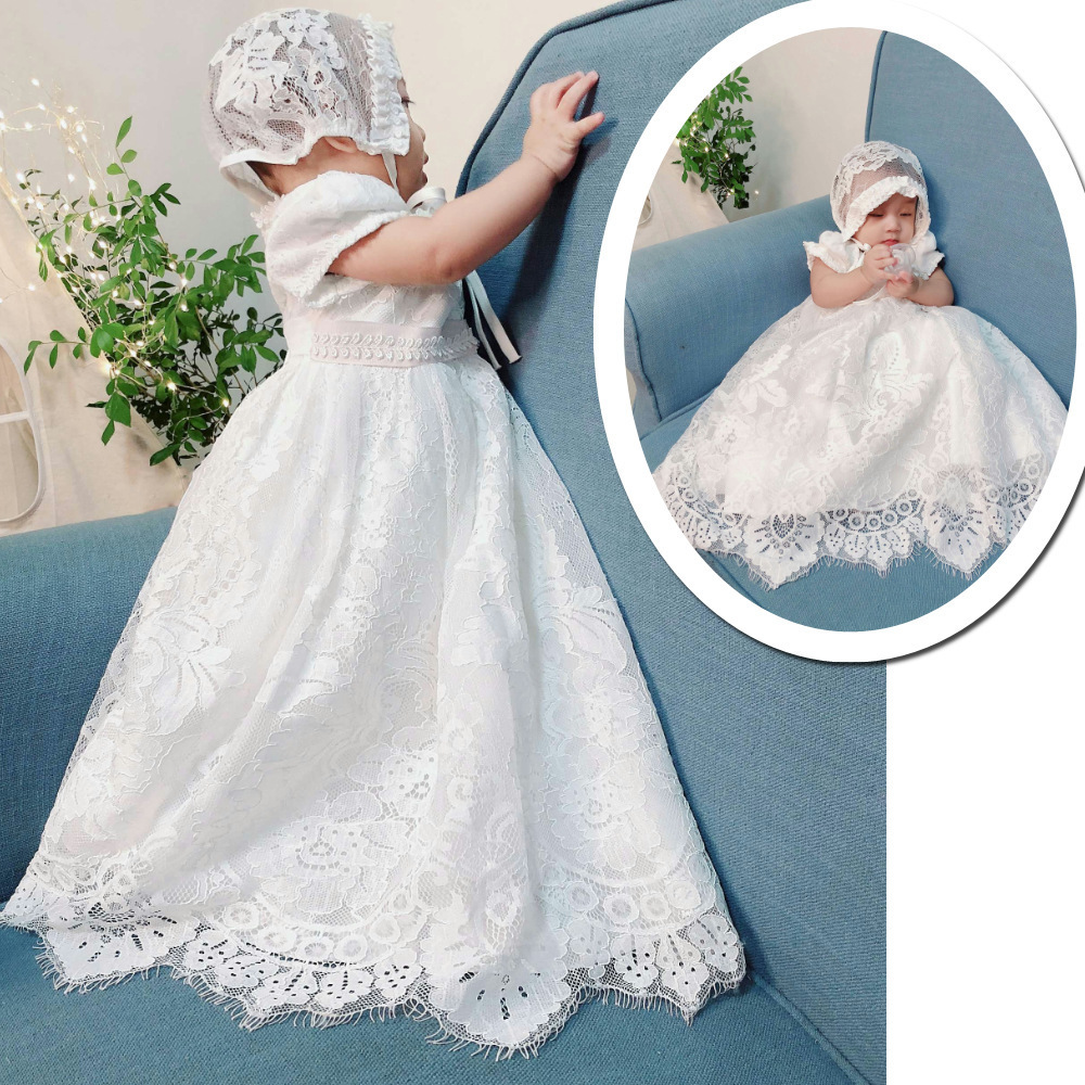 New design wholesale boutique short sleeve christening infant kids lace princess birthday party little 9 months baby girl dress