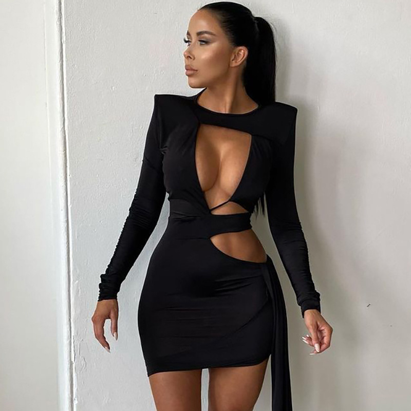 Wholesale Casual Black Bodycon Long Sleeve Hollow Out Vestidos Women Sexy Dress