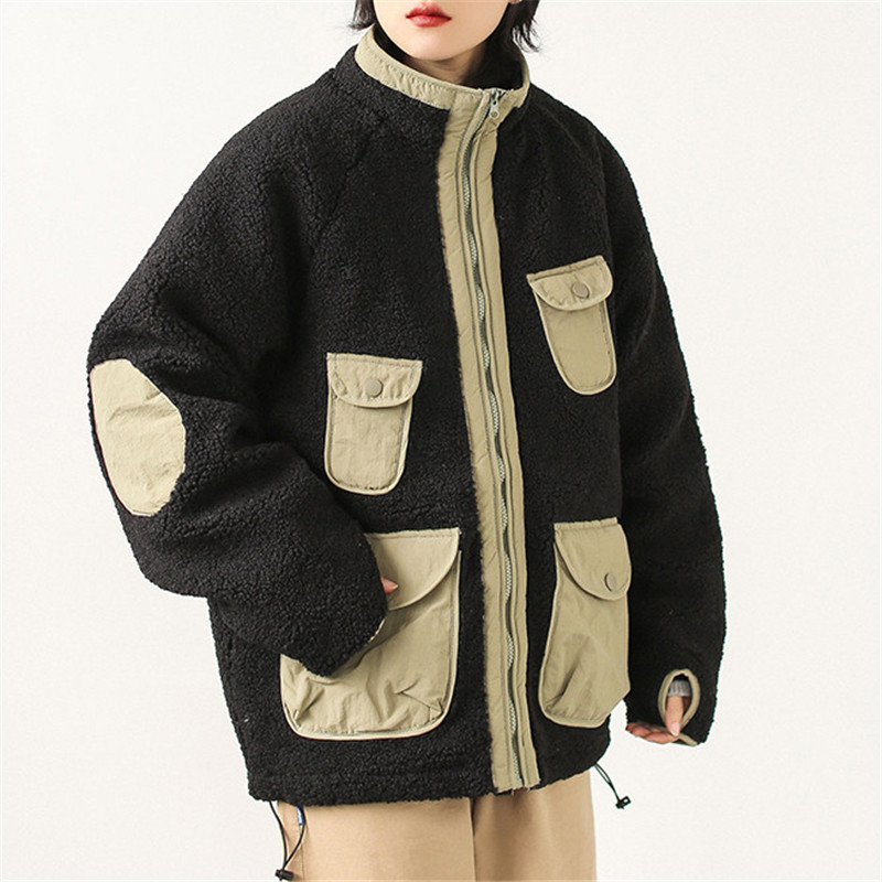 Rainbow Spray Custom Vintage Lamb Wool Coat Loose Stand Collar Multi Pockets Cashmere Jacket