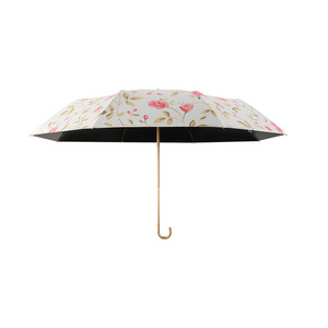 Flower Printing Umbrella Luxury Lady UV Proof Umbrella Portable 3 Folding Umbrella With Golden Hook Handle