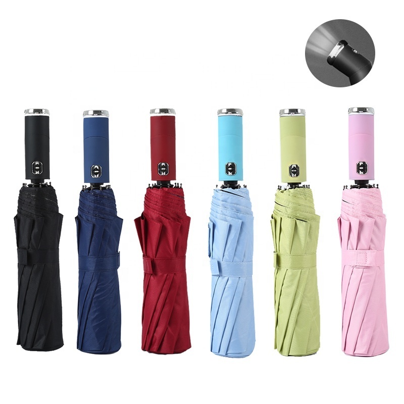 Automatic Flashlight Umbrella With Leather bag 3 Folding Auto Open Close Compact LED Umbrella With Light Umbrella