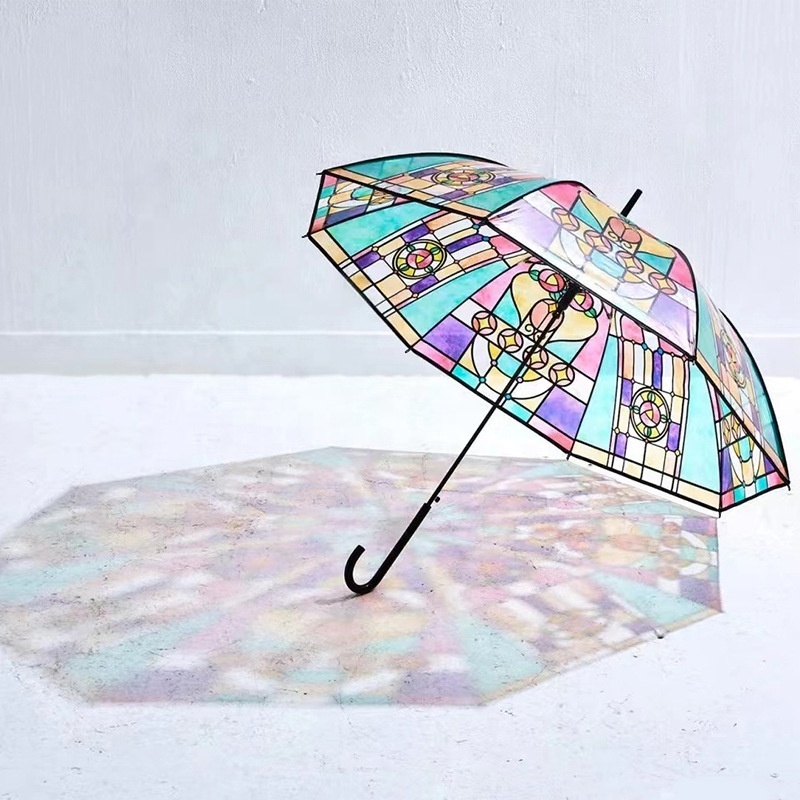 Retro Palace Style Stained Glass Long Handle Automatic straight INS auto open Transparent Umbrella